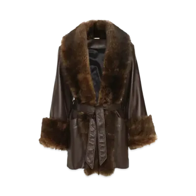 Chloe Belted Oversized Coat In Leather "Faraway Brown"