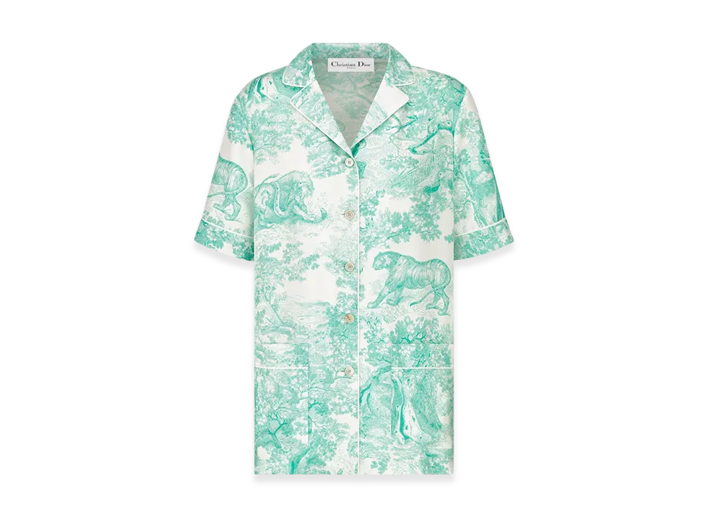 Dior Women's Silk Twill with Toile De Jouy Sauvage Motif Dioriviera Chez Moi S/S Shirt "White/Aquamarina"