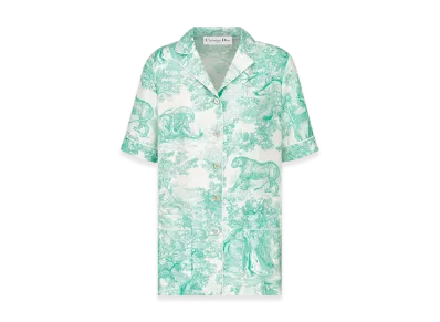 Dior Women's Silk Twill with Toile De Jouy Sauvage Motif Dioriviera Chez Moi S/S Shirt "White/Aquamarina"