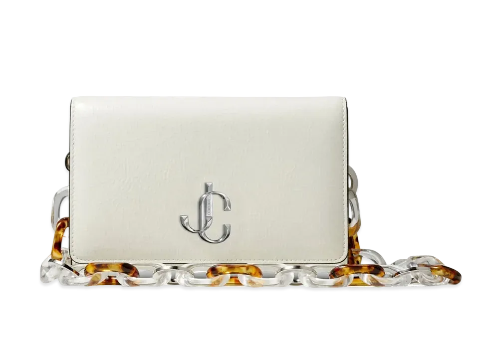 Jimmy Choo Varenne Clutch Patent Textured Leather Clutch Bag With Resin Chain "Latte"