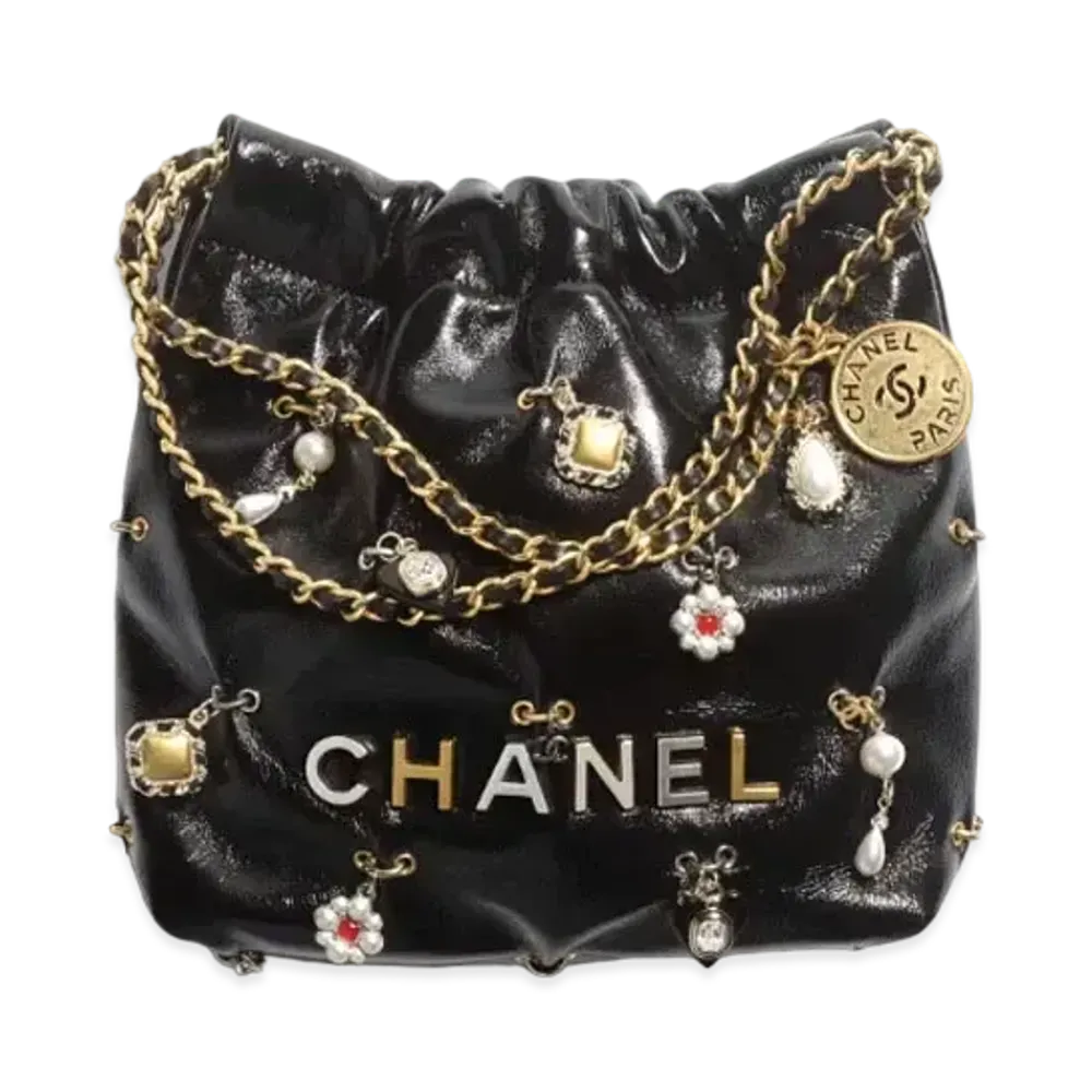 CHANEL 22 Mini Handbag Shiny Lambskin, Bijoux Charms & Gold-Tone Metal "Black"