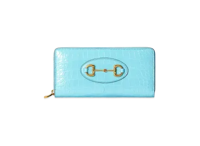 GUCCI Horsebit 1955 Crocodile Zip Around Wallet "Light Blue"