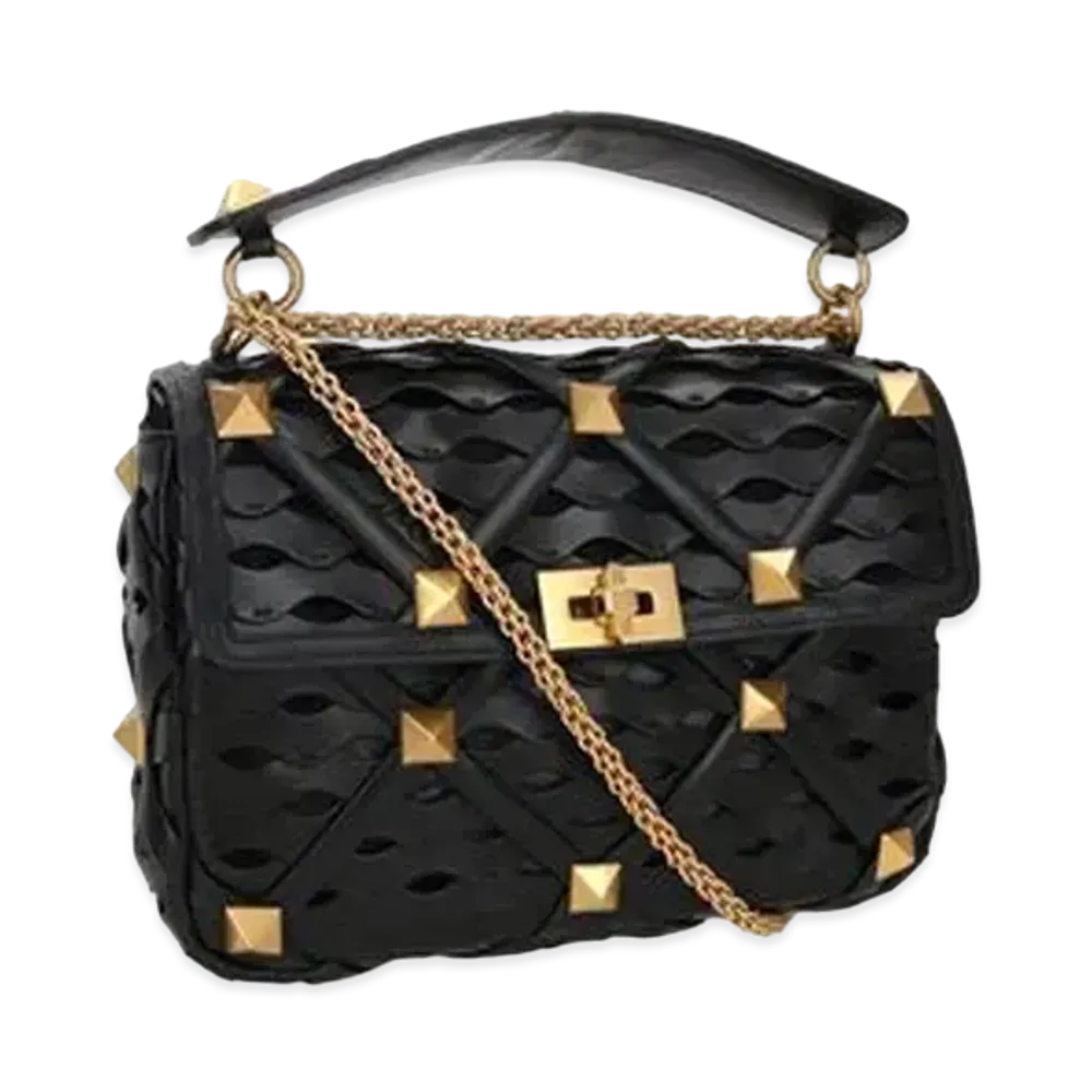 Valentino Large Roman Stud The Shoulder Bag With Chain And Wave Design "Black"