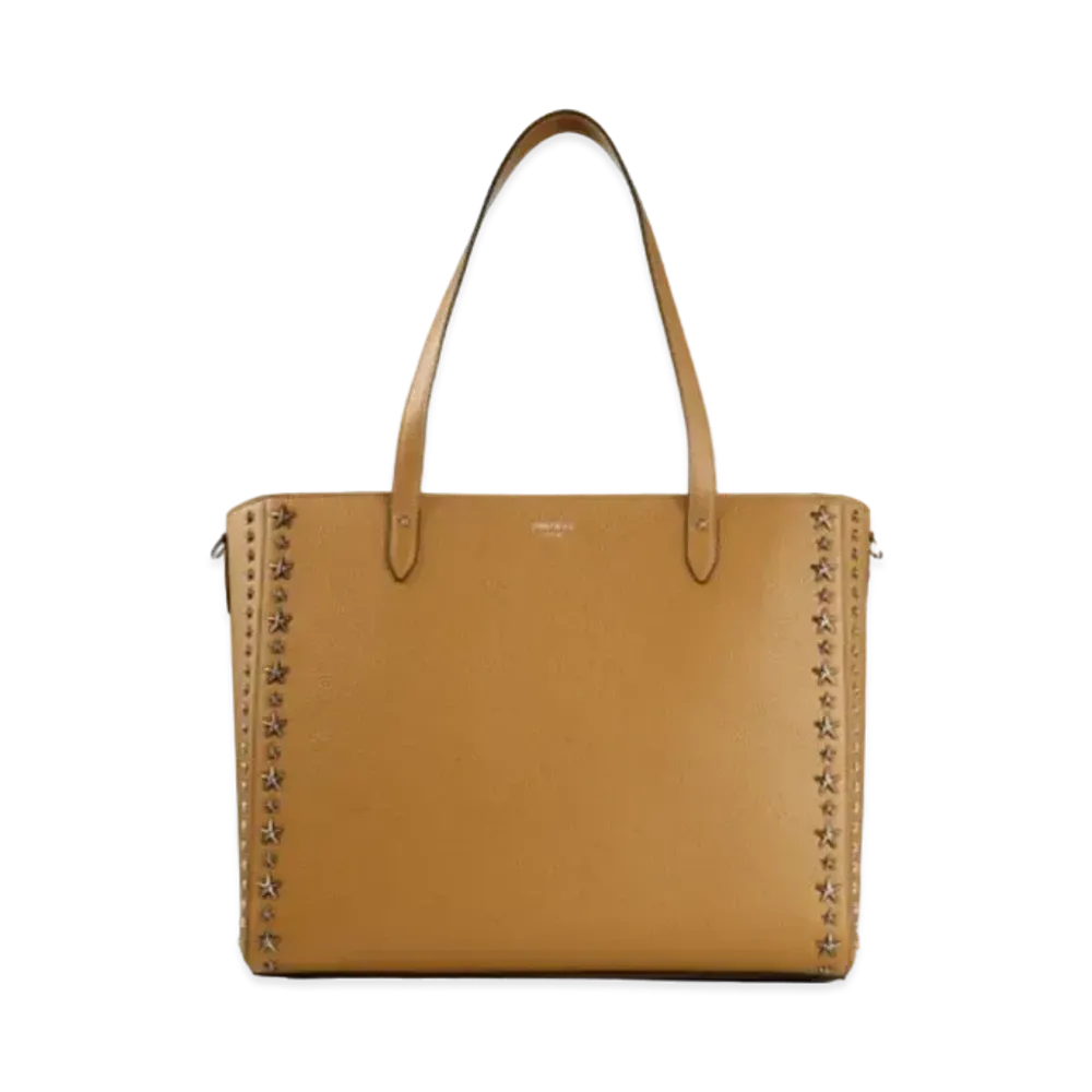 JIMMY CHOO DEELAN Soft Grainy Calf Leather Tote Bag With Gunmetal Star Studs "Camel"
