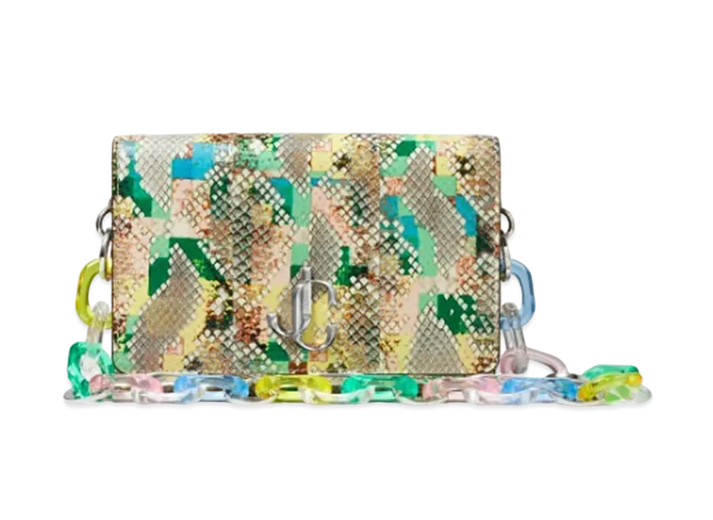 Jimmy Choo Varenne Clutch Glossy Rainbow Elaphe Clutch Bag With Perspecs Chain "Sunrise Mix"