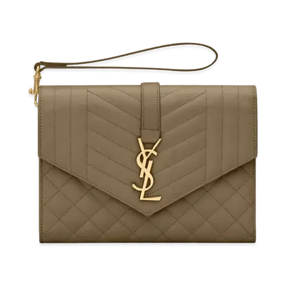 SAINT LAURENT Monogram Clutch In Mix Matelasse Grain De Poudre Embossed Leather "Khaki"