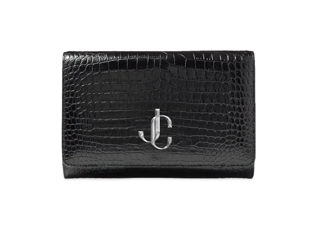 Jimmy Choo Varenne Clutch Croc-Embossed Leather Clutch Bag With JC Logo "Black"