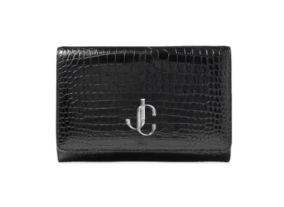 Jimmy Choo Varenne Clutch Croc-Embossed Leather Clutch Bag With JC Logo "Black"