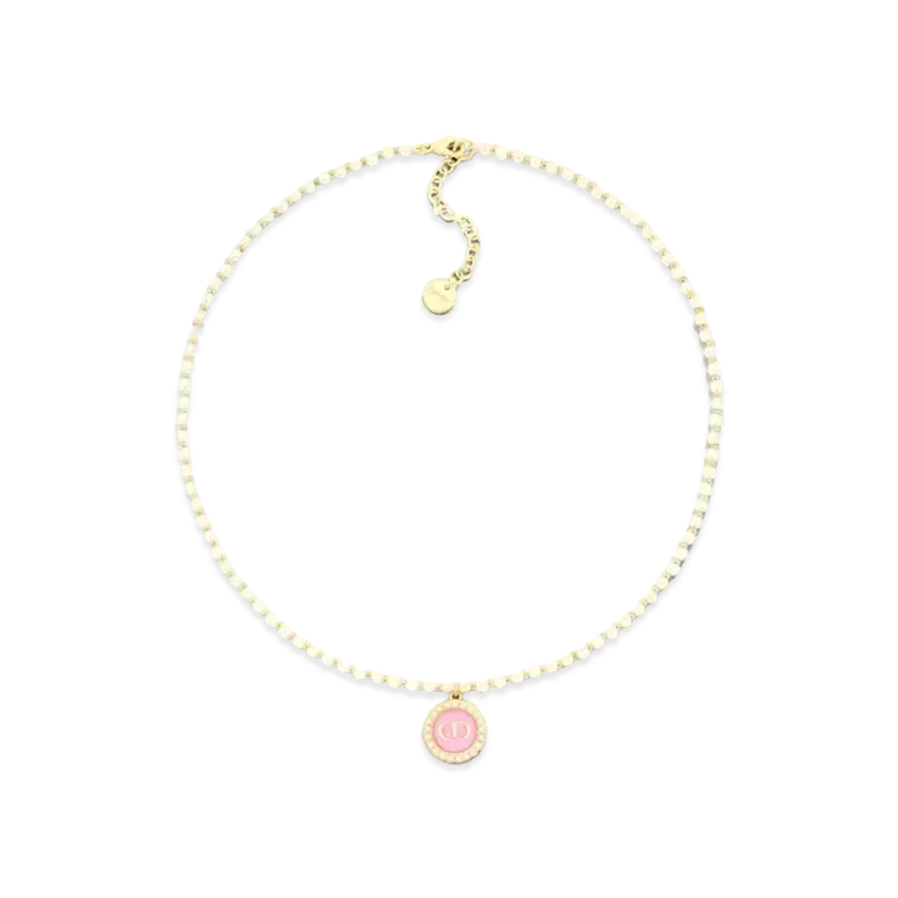 Dior Petit CD Baroque Necklace Metal with Resin Pearls and Glass "Gold/White/Cadmium Pink"