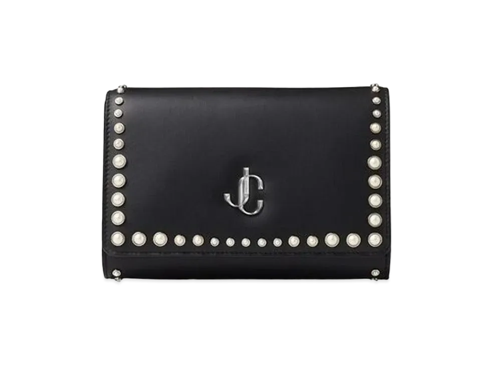 Jimmy Choo Varenne Clutch Calf Leather Clutch Bag With JC Logo And Pearl Studs "Black"