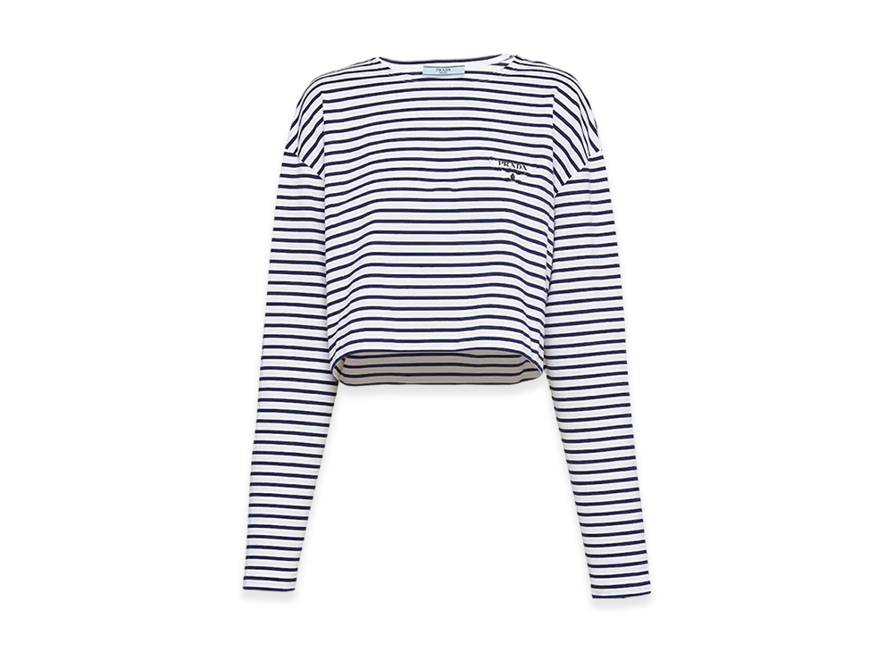 PRADA Women's Long-Sleeved Striped Jersey T-Shirt "White/Blue"