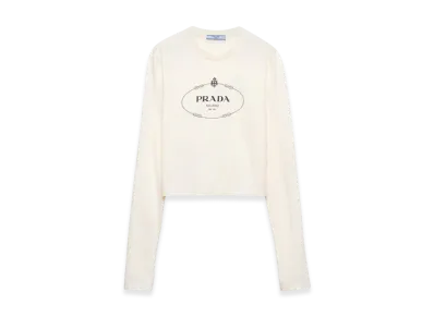 PRADA Women's Print Jersey Top "Ivory/Navy Blue"