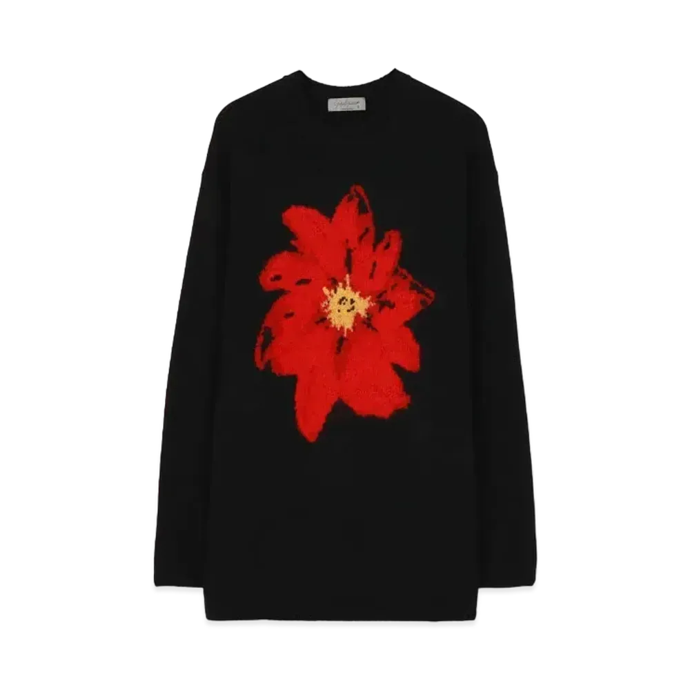 Yohji Yamamoto Pour Homme 7G FLOWER INTERSIA FLORAL ROUND NECK LONG SLEEVES "Red"