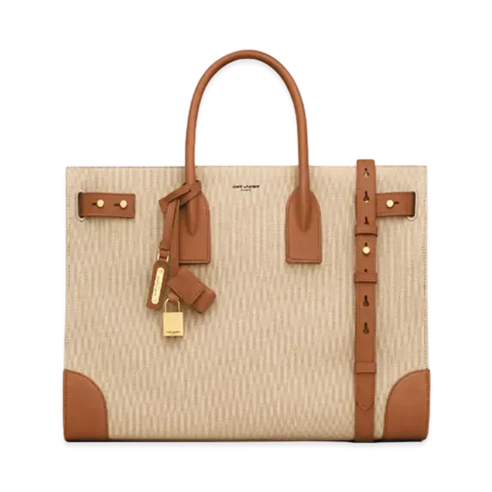 Saint Laurent Sac De Jour Thin Large in Canvas and Vegetable-Tanned Leather "Beige/Brick"
