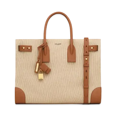 Saint Laurent Sac De Jour Thin Large in Canvas and Vegetable-Tanned Leather "Beige/Brick"