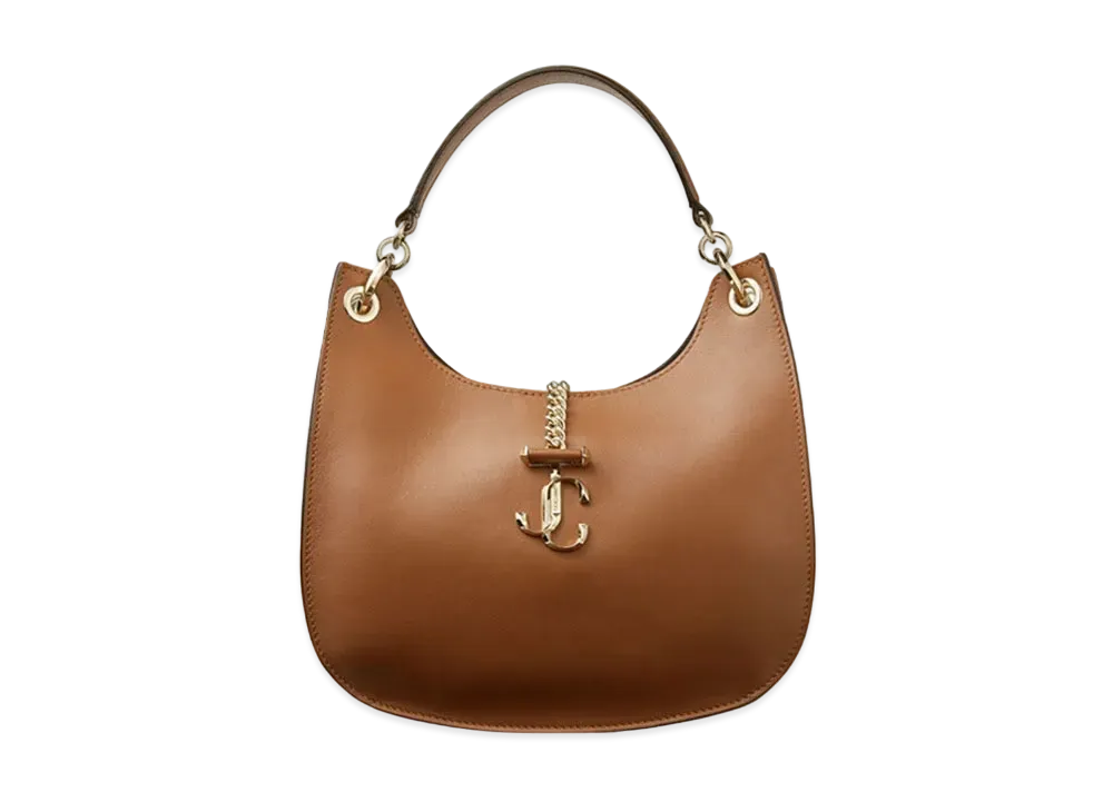 Jimmy Choo Varenne Hobo/M Calf Leather Hobo Bag With JC Logo "Light Gold/Dark Tan"
