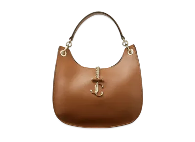 Jimmy Choo Varenne Hobo/M Calf Leather Hobo Bag With JC Logo "Light Gold/Dark Tan"