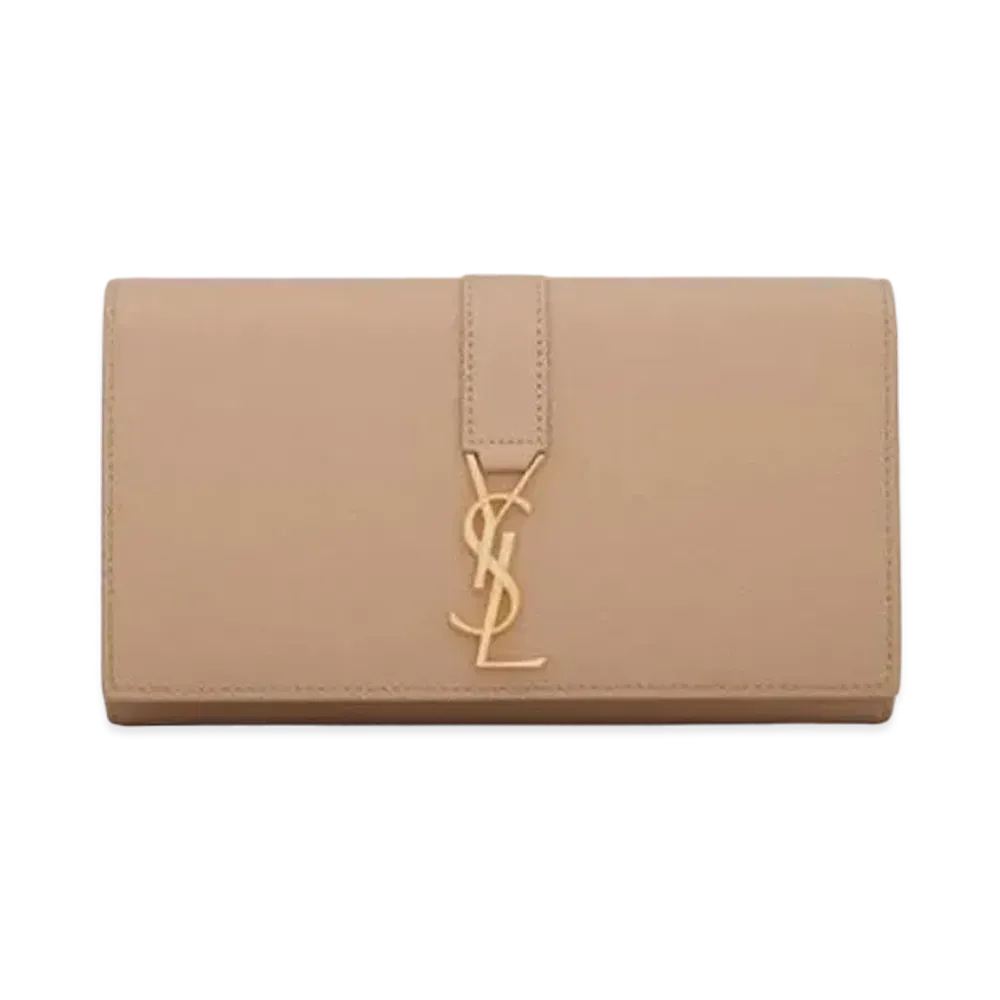 Saint Laurent Ysl Line Large Flap Wallet In Grained Leather "Dark Beige"