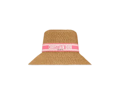 Dior Dioriviera D-Bobby Large Brim Hat Straw with Embroidered Band "Candy Pink/White"