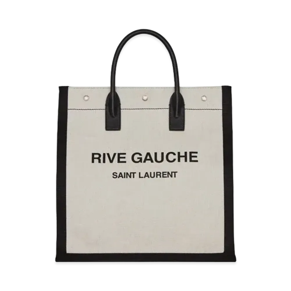 SAINT LAURENT Rive Gauche North/South Tote Bag In Printed Linen And Leather "Lin Blanc"