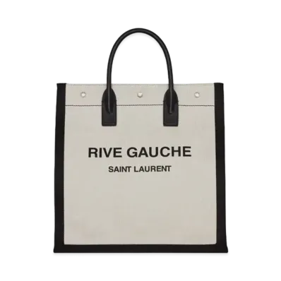 SAINT LAURENT Rive Gauche North/South Tote Bag In Printed Linen And Leather "Lin Blanc"