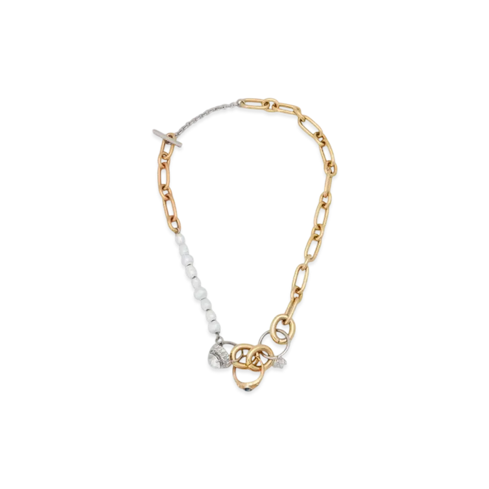 Marni Mixed Link Chain Necklace with Pearls and Rings "Deep Gold"