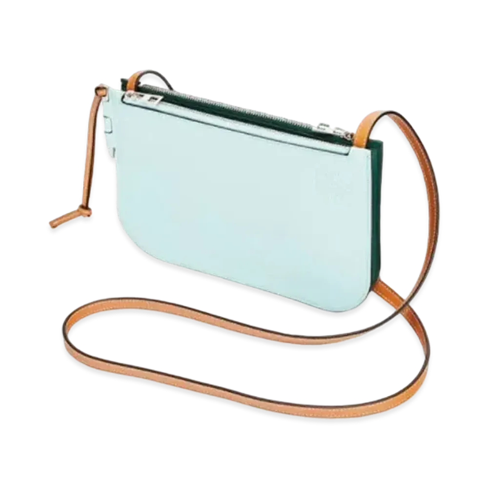 LOEWE Gate Double Zip Pouch In Soft Calfskin "Mint / Vintage Khaki"