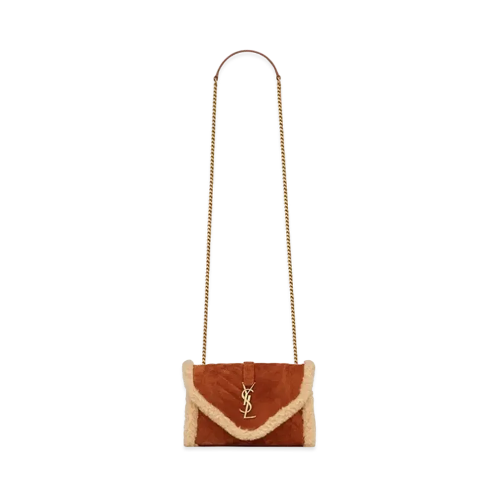 Saint Laurent Envelope Small Bag In Suede And Shearling "Brick/Natural Beige"