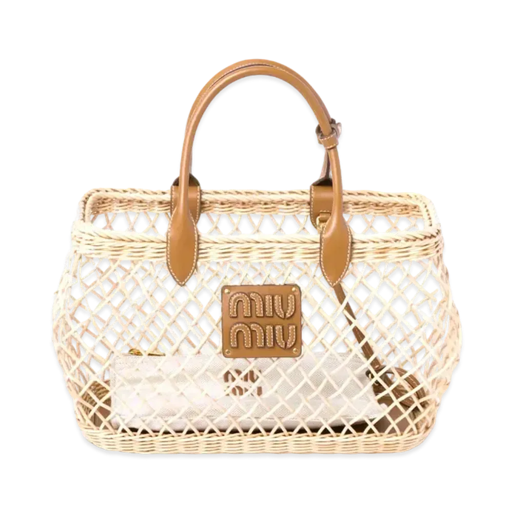 MIUMIU Woven Fabric Handbag With Leather Trim "Beige/Camel"