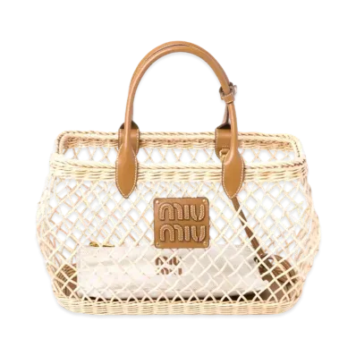 MIUMIU Woven Fabric Handbag With Leather Trim "Beige/Camel"