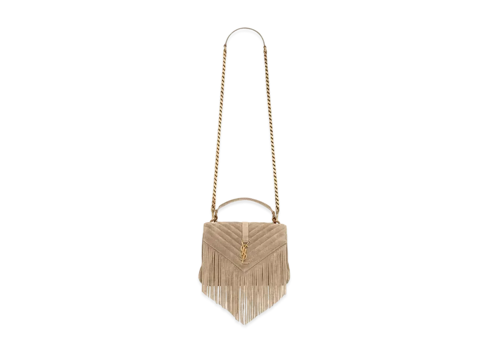 Saint Laurent College Medium Chain Bag In Light Suede With Fringes "Dusty Grey"