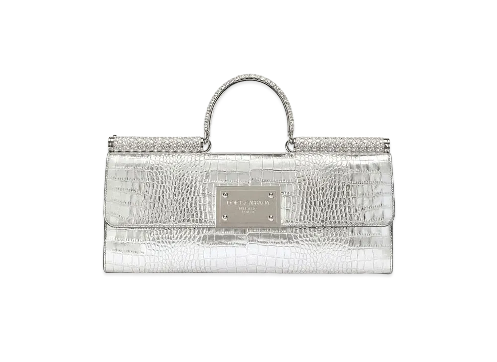 Dolce&Gabbana Nine Tissy Bag Laminated Croco Print Calfskin Rhinestone "Silver"