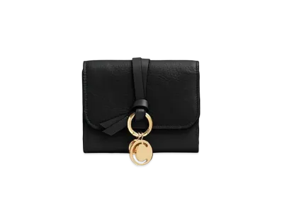 Chloe Alphabet Small Tri Fold Wallet With Leather Link In Grained & Smooth Calfskin "Black"