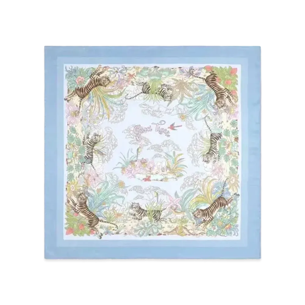 GUCCI Tiger Silk Scarf "Light Blue"