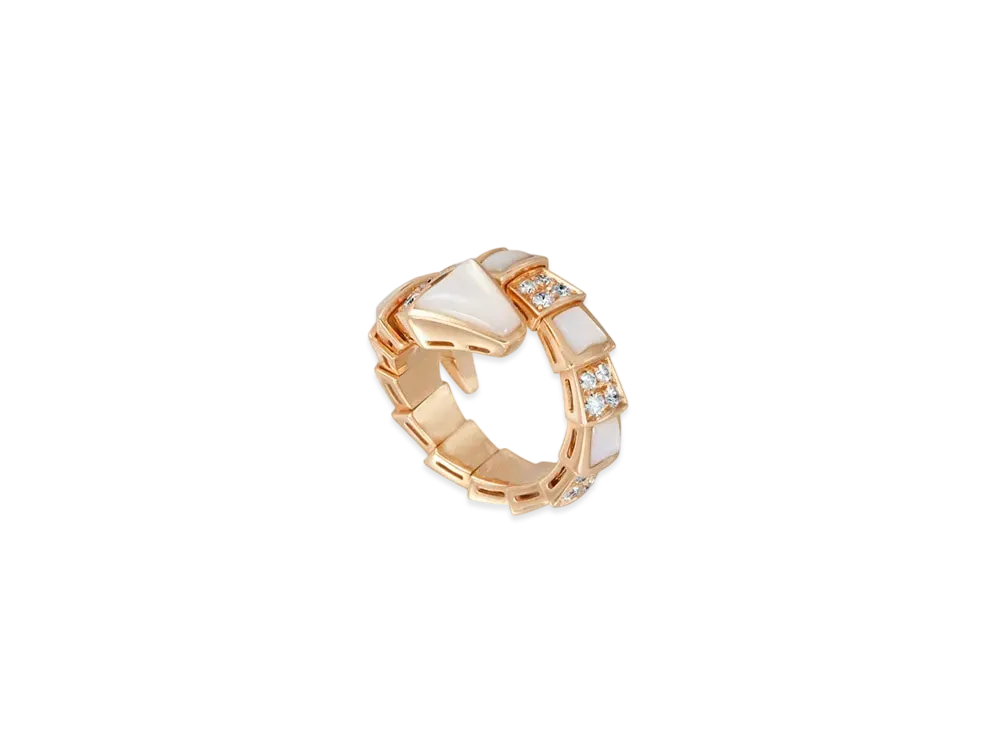 BVLGARI Serpenti Viper Ring Pave Diamond Mother of Pearl "White"