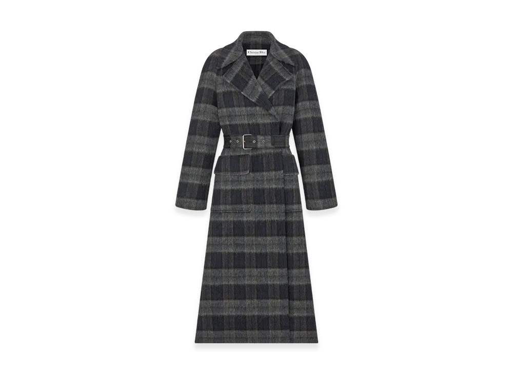 Dior Women's Coat with Belt Double Sided Llama Wool Virgin Wool Felt Check & Tartan Motif "Gray/Blue"