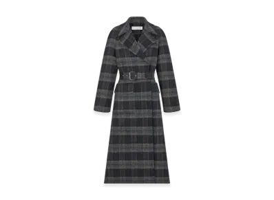 Dior Women's Coat with Belt Double Sided Llama Wool Virgin Wool Felt Check & Tartan Motif "Gray/Blue"
