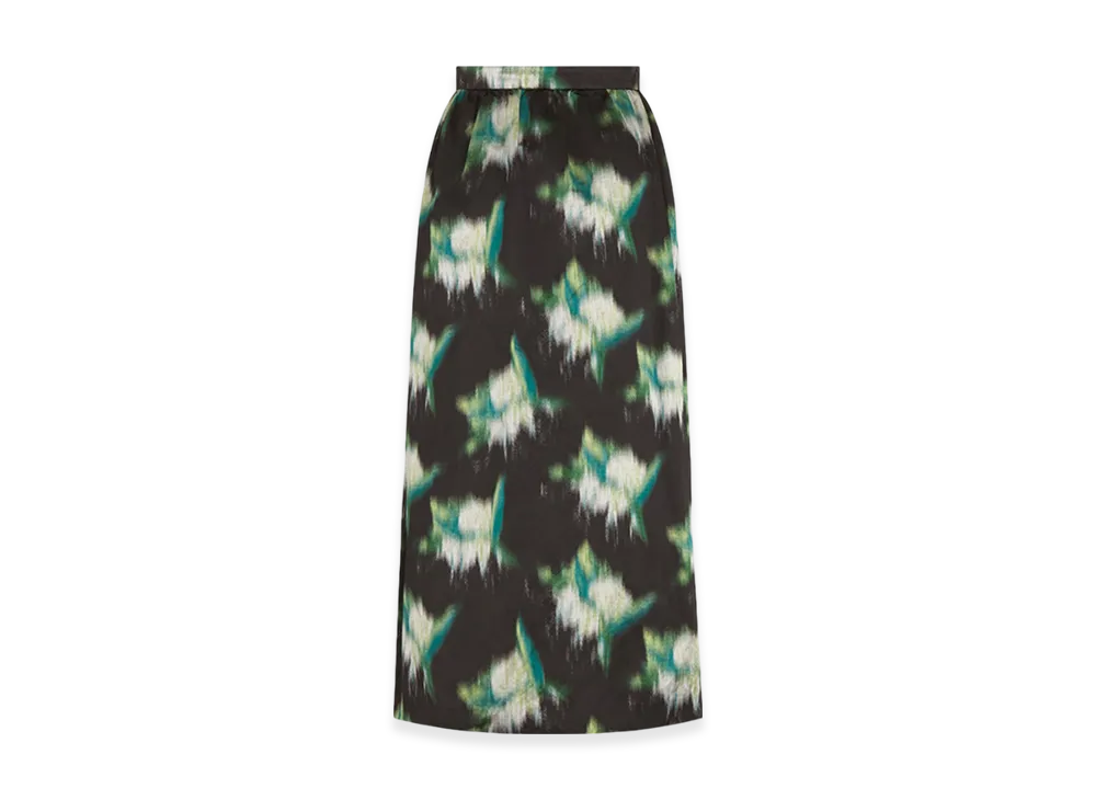 Dior Women's Mid-Length Straight-Cut Skirt Silk Blurred Flowers Motif "Metallic Black/Green"