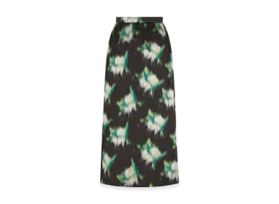 Dior Women's Mid-Length Straight-Cut Skirt Silk Blurred Flowers Motif "Metallic Black/Green"