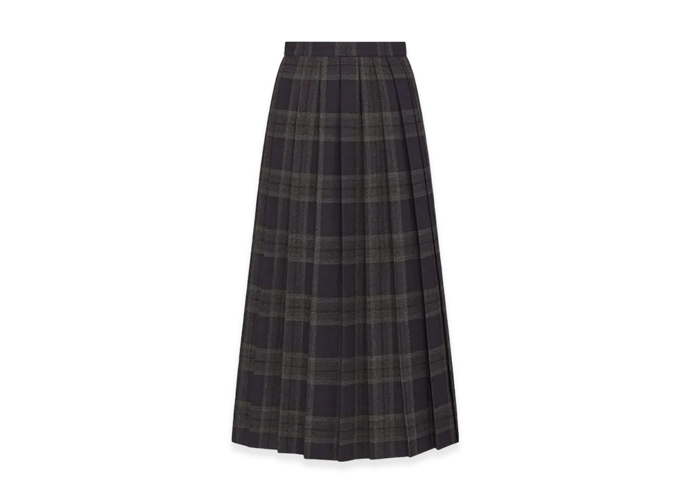 Dior Women's Pleated Long Skirt Check & Tartan Virgin Wool "Gray/Blue"
