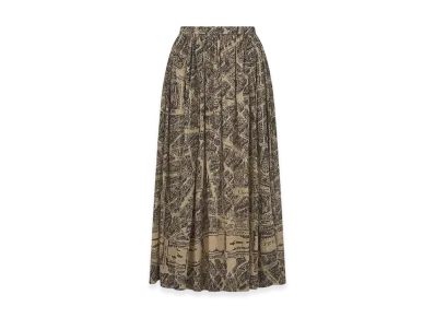 Dior Women's Mid-Length Pleated Skirt Voile Plan Paris Motif "Beige/Black"