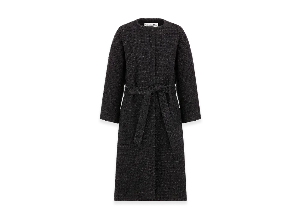 Dior Women's Coat with Belt Technical Wool Tweed "Metallic Black"