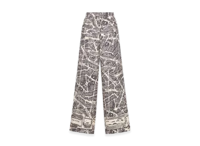 Dior Women's Pants Silk Twill Plan Paris Motif "White/Navy Blue"