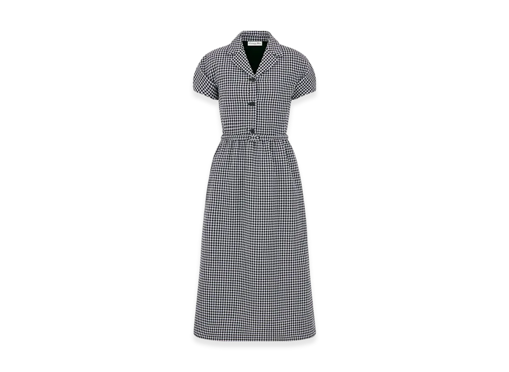 Dior Women's Regular-Fit Mid-Length Dress with Puff Sleeves Houndstooth Wool "Black/White"
