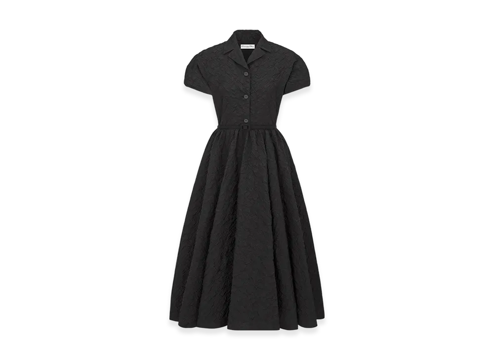 Dior Women's Flared Mid-Length Dress with Puff Sleeves Cloque Technical Jacquard "Black"