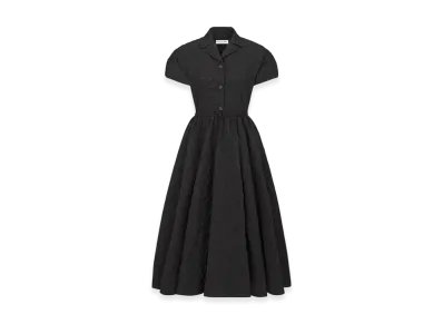 Dior Women's Flared Mid-Length Dress with Puff Sleeves Cloque Technical Jacquard "Black"
