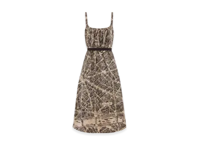 Dior Women's Belted Mid-Length Dress Technical Silk Radzimir Plan Paris Motif "Beige/Black"