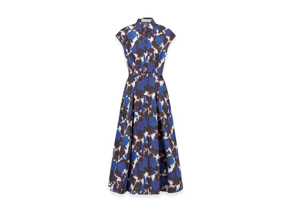 Dior Women's Mid-Length Belted Shirt Dress Silk Poplin Roses Motif "Blue"