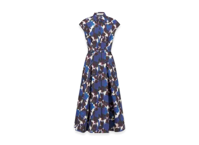 Dior Women's Mid-Length Belted Shirt Dress Silk Poplin Roses Motif "Blue"