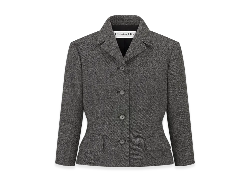 Dior Women's Fitted Jacket with Three-Quarter Sleeves Virgin Wool Tweed "Gray"
